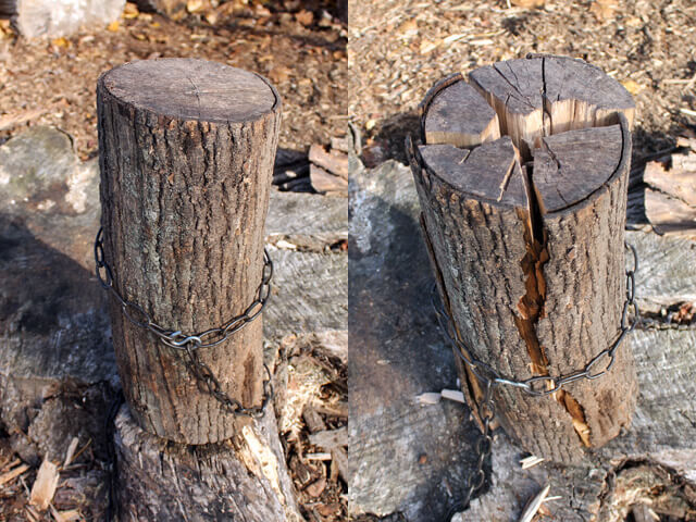 a chained up log before and after splitting