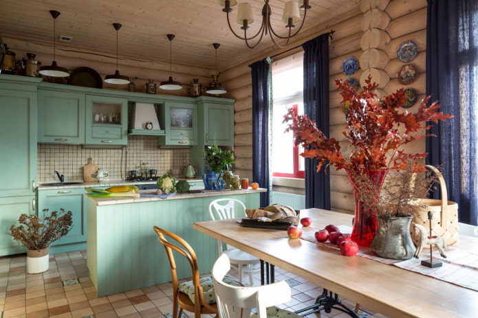 дизайн кухни в интерьере бревенчатого дома