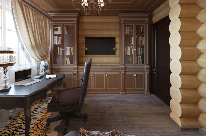 дизайн кабинета в интерьере бревенчатого дома
