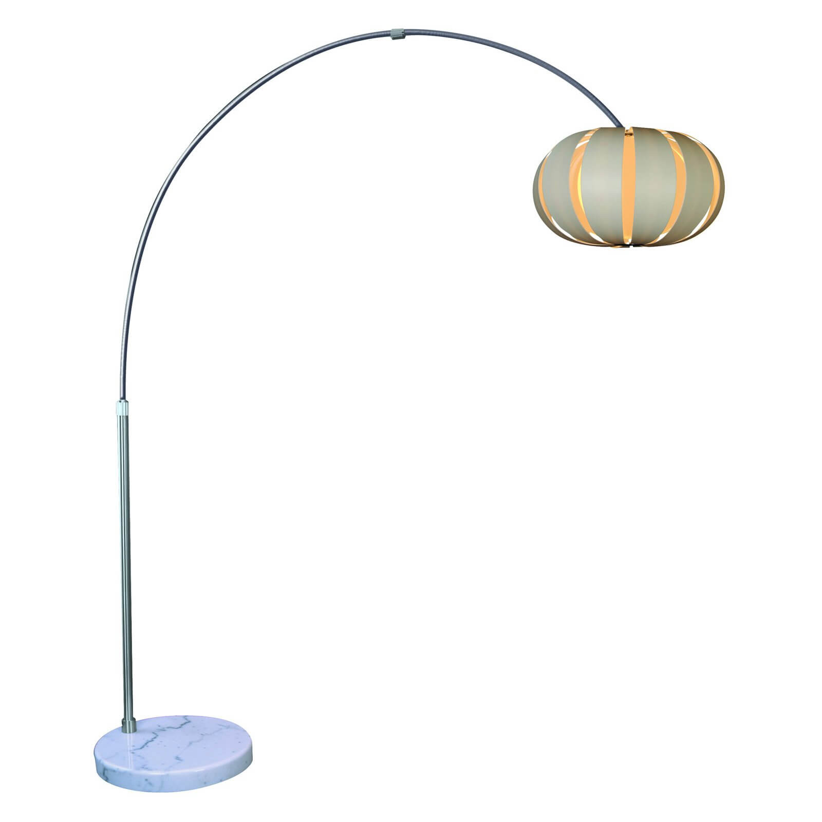 The first example here features metallic construction, with a curved spine over marble base, holding a spherical white petal shade.