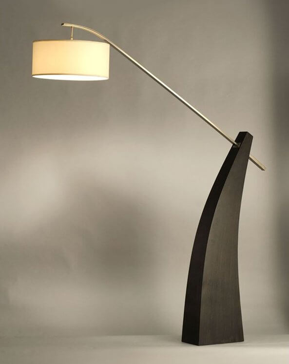 The second arc lamp featured is a striking, modern minimalist design, fitting a brushed nickel arm reaching out of a solid pecan wood base.