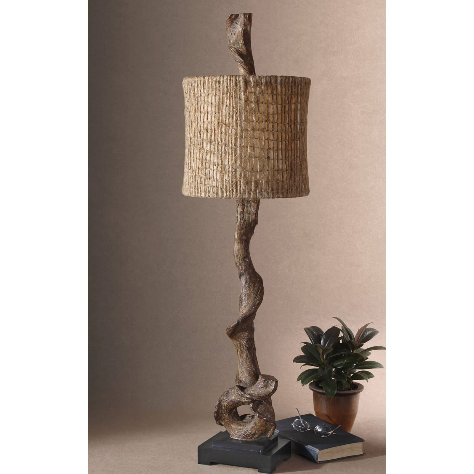 Our second buffet lamp is a unique piece done in a natural, rustic style, with the central shaft crafted from a twisted piece of wood.