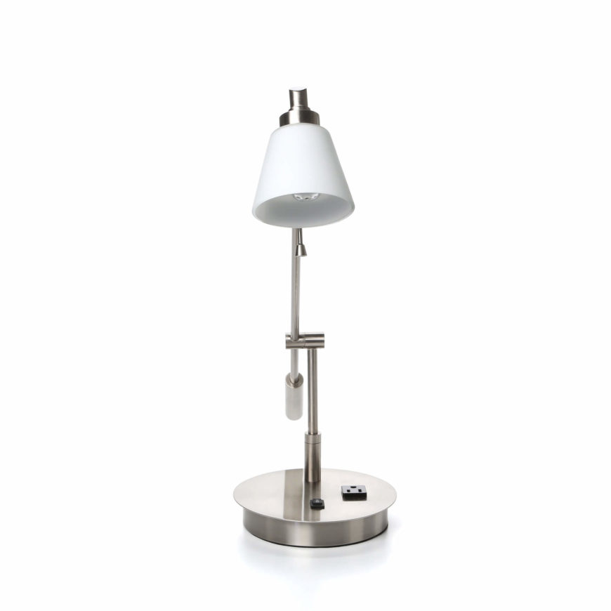 Our second desk lamp has a standard bulb and shade, with a metal pivoting frame.