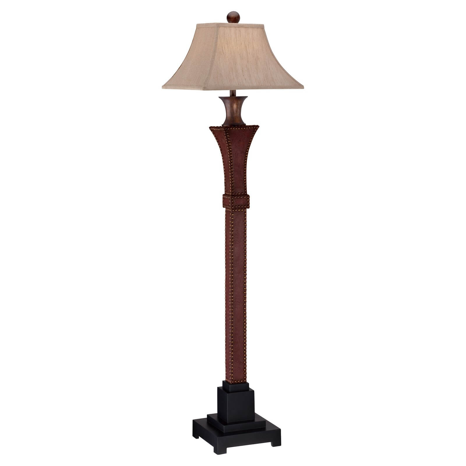 Our first example of a standard design floor lamp is this leather-wrapped wooden model.