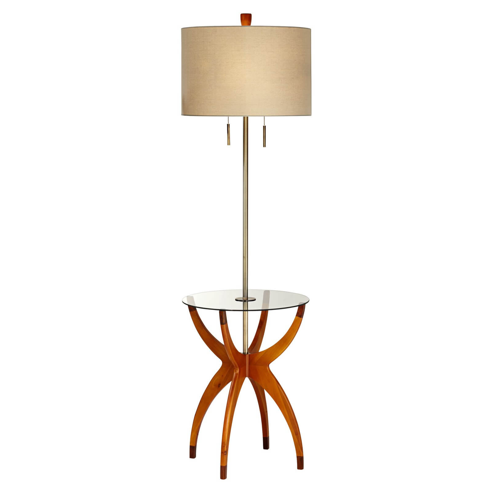 This modern styled example features bright carved natural wood base holding a seamless glass circular tabletop beneath a nickel frame and standard cylinder shade.