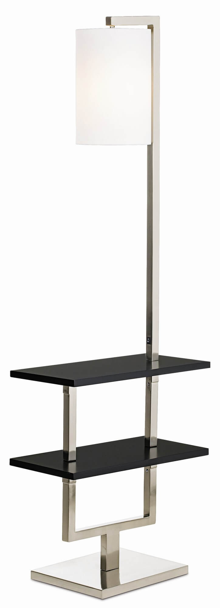 Our second table design floor lamp features a combination brushed nickel and steel frame, with two-tiered table in black.