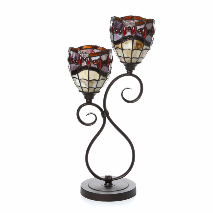 This second torch lamp in a more traditional design features dual stained glass lampshades.